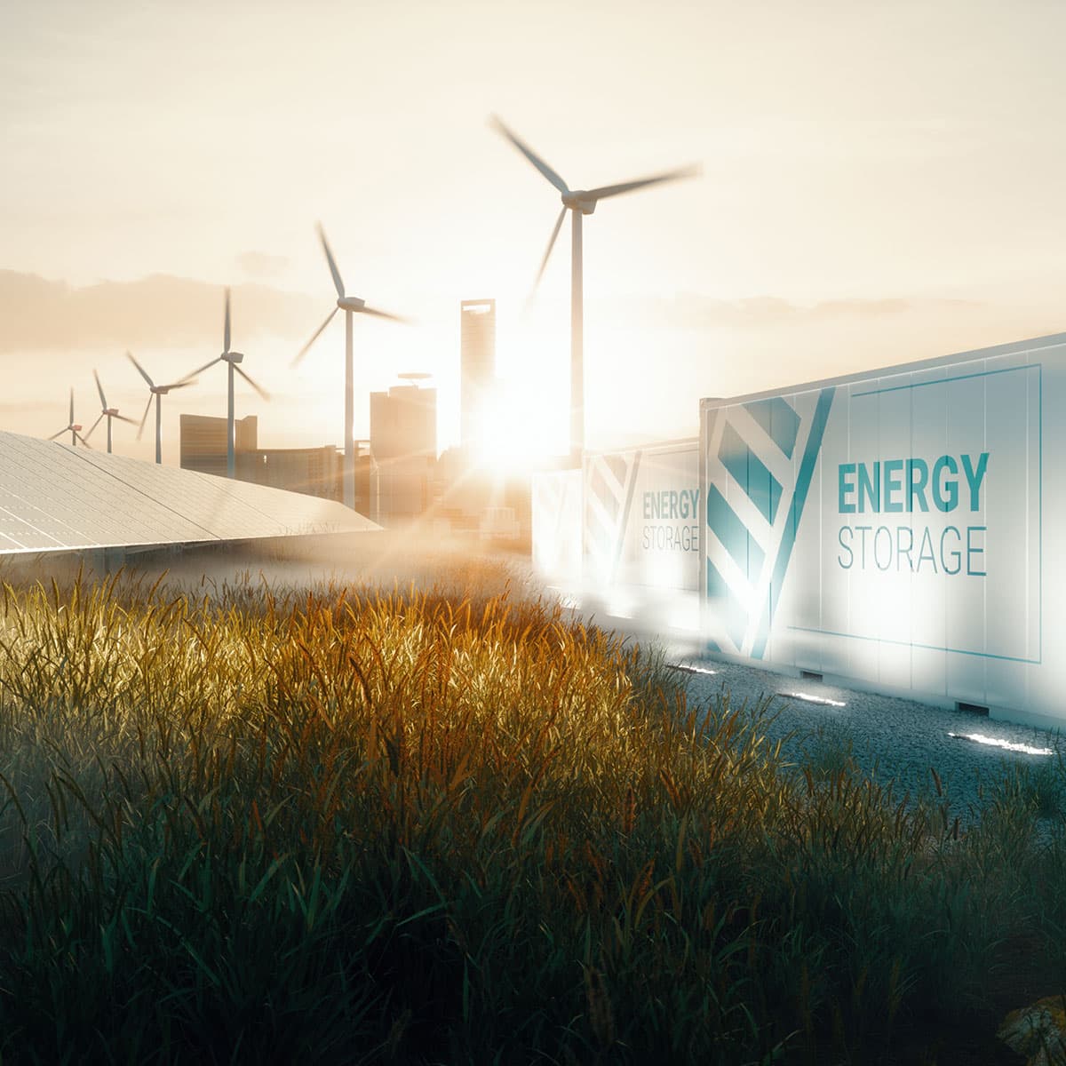 Innovative Energiespeicher für eine nachhaltige Energiezukunft Containerbasierte Energiespeicheranlage neben Windrädern und Solarpaneelen bei Sonnenaufgang