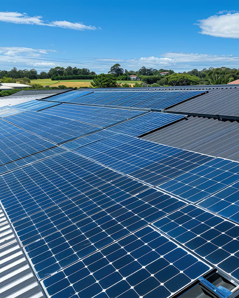 PV-Module auf einem großen Dach in ländlicher Umgebung mit Blick auf Felder und Bäume