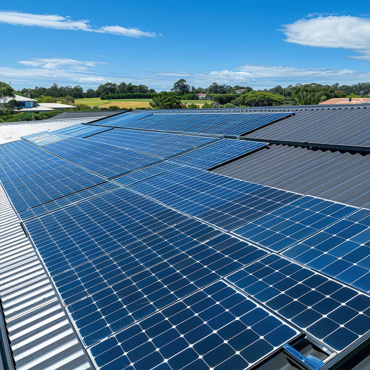 PV-Anlage auf Industriedach in ländlicher Umgebung Photovoltaikmodule auf einem großen Blechdach, umgeben von Feldern und Häusern